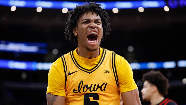 Mar 11, 2026; Chicago, IL, USA; Iowa Hawkeyes guard Tavion Banks (6) reacts after scoring against the Maryland Terrapins during the second half at United Center. Mar 11, 2026; Chicago, IL, USA; Iowa Hawkeyes guard Tavion Banks (6) reacts after scoring against the Maryland Terrapins during the second half at United Center.