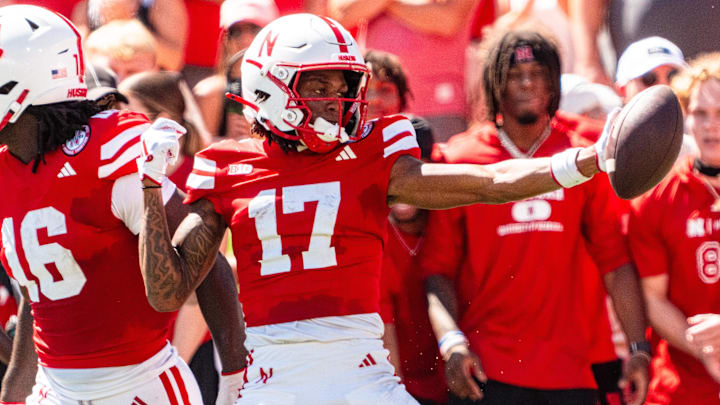 Aug 31, 2024; Lincoln, Nebraska, USA; Nebraska Cornhuskers wide receiver Jacory Barney Jr (17) celebrates after a pass against the UTEP Miners during the first quarter at Memorial Stadium. 