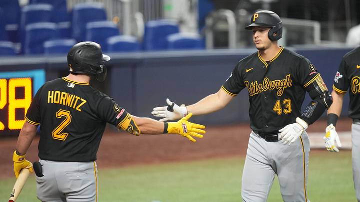 Aug 13, 2026; Miami, Florida, USA; Pittsburgh Pirates catcher Rafael Flores Jr. (43) is congratulated by Spencer Horwitz (2) after hitting a three-run home run in the eighth inning against the Miami Marlins at loanDepot Park. Mandatory Credit: Jim Rassol-Imagn Images Aug 13, 2026; Miami, Florida, USA; Pittsburgh Pirates catcher Rafael Flores Jr. (43) is congratulated by Spencer Horwitz (2) after hitting a three-run home run in the eighth inning against the Miami Marlins at loanDepot Park. Mandatory Credit: Jim Rassol-Imagn Images