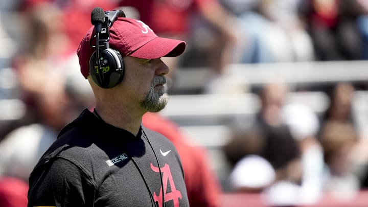 Apr 12, 2025; Tuscaloosa, AL, USA;  Alabama offensive coordinator Ryan Grubb  watches his offense work during A-Day at Bryant-Denny Stadium. Mandatory Credit: Gary Cosby Jr.-Imagn Images