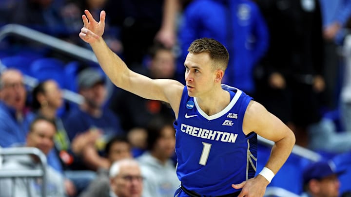 Mar 22, 2025; Lexington, KY, USA;  Creighton Bluejays guard Steven Ashworth (1) celebrates after a play during the first half against the Auburn Tigers in the second round to the NCAA Tournament at Rupp Arena. Mandatory Credit: Jordan Prather-Imagn Images