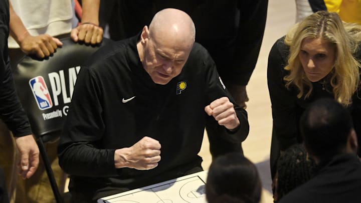 May 6, 2025; Cleveland, Ohio, USA; Indiana Pacers head coach Rick Carlisle reacts during a timeout in the fourth quarter during game two of the second round of the 2025 NBA Playoffs against the Cleveland Cavaliers at Rocket Arena. Mandatory Credit: David Richard-Imagn Images