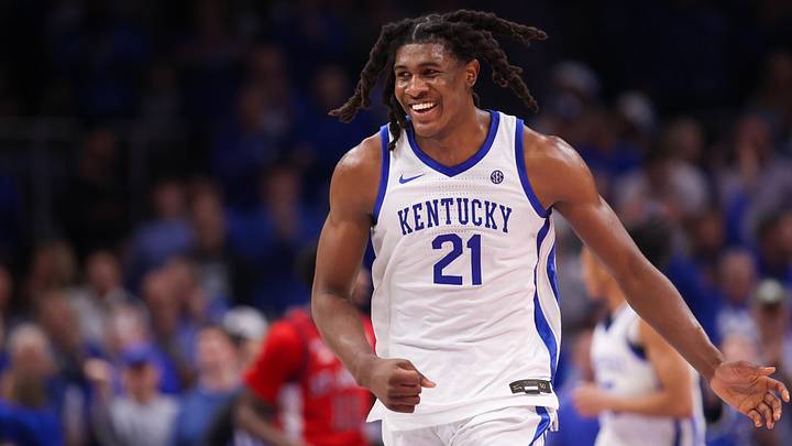 Dec 20, 2025; Atlanta, Georgia, USA; Kentucky Wildcats forward Jayden Quaintance (21) shows emotion against the St. John Red Storm in the second half at State Farm Arena. Mandatory Credit: Brett Davis-Imagn Images

