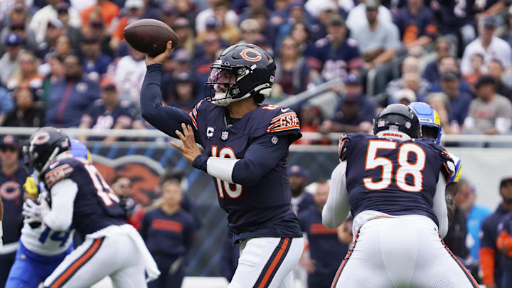 Caleb Williams checks it down to a shorter receiver in the win by the Bears over the Rams. Caleb Williams checks it down to a shorter receiver in the win by the Bears over the Rams.