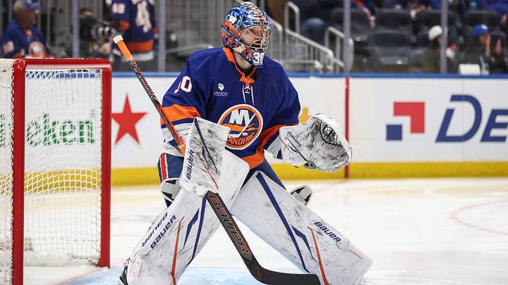 Apr 9, 2026; Elmont, New York, USA; New York Islanders goaltender Ilya Sorokin (30) stands in the goal crease during the first period against the Toronto Maple Leafs at UBS Arena. Mandatory Credit: Wendell Cruz-Imagn Images
