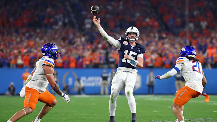 Penn State Nittany Lions quarterback Drew Allar (15) throws a pass against the Boise State Broncos during the second half in the Fiesta Bowl at State Farm Stadium. 