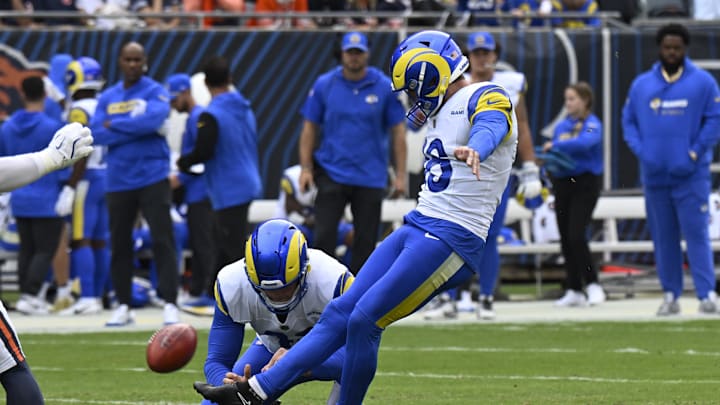 Sep 29, 2024; Chicago, Illinois, USA;  Los Angeles Rams place kicker Joshua Karty (16) kicks a field goal against the Chicago Bears during the first half at Soldier Field. Mandatory Credit: Matt Marton-Imagn Images