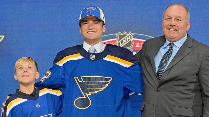 Jul 7, 2022; Montreal, Quebec, CANADA; Jimmy Snuggerud after being selected as the number twenty-three overall pick to the St. Louis Blues in the first round of the 2022 NHL Draft at Bell Centre. Mandatory Credit: Eric Bolte-USA TODAY Sports