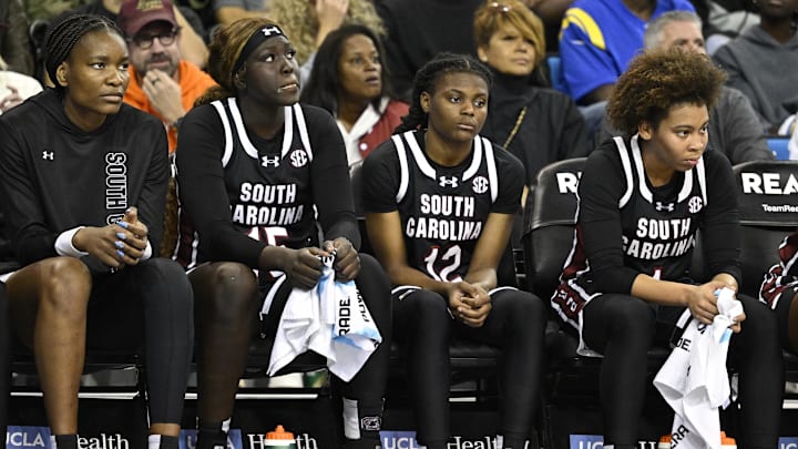 Nov 24, 2024; Los Angeles, California, USA; The South Carolina Gamecocks bench watch the action as the team falls behind by 20 points to the UCLA Bruins at Pauley Pavilion presented by Wescom. Mandatory Credit: Robert Hanashiro-Imagn Images