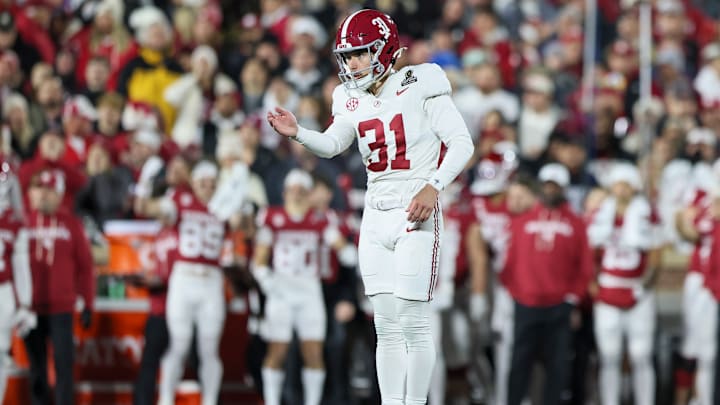 Alabama Crimson Tide kicker Conor Talty (31) lines up in the first half against the Oklahoma Sooners at Gaylord Family OK Memorial Stadium. Alabama Crimson Tide kicker Conor Talty (31) lines up in the first half against the Oklahoma Sooners at Gaylord Family OK Memorial Stadium.
