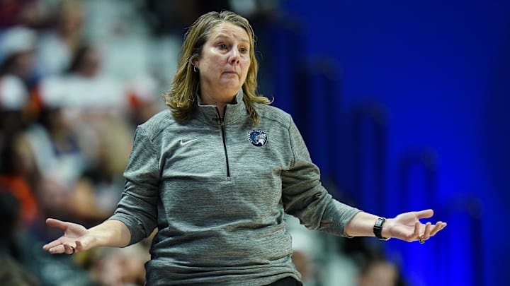 Oct 6, 2024; Uncasville, Connecticut, USA; Minnesota Lynx head coach Cheryl Reeve watches from the sideline as they take on the Connecticut Sun during game four of the 2024 WNBA Semi-finals at Mohegan Sun Arena. Mandatory Credit: David Butler II-Imagn Images