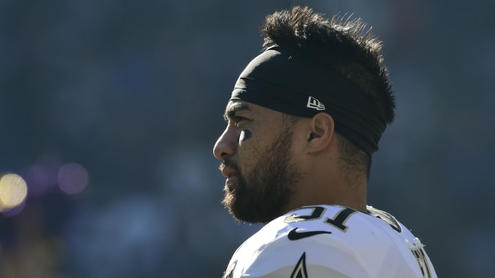 Oct 21, 2018; Baltimore, MD, USA; New Orleans Saints linebacker Manti Te'o (51) stays on the field before the game against the Baltimore Ravens at M&T Bank Stadium. Mandatory Credit: Tommy Gilligan-USA TODAY Sports Oct 21, 2018; Baltimore, MD, USA; New Orleans Saints linebacker Manti Te'o (51) stays on the field before the game against the Baltimore Ravens at M&T Bank Stadium. Mandatory Credit: Tommy Gilligan-USA TODAY Sports
