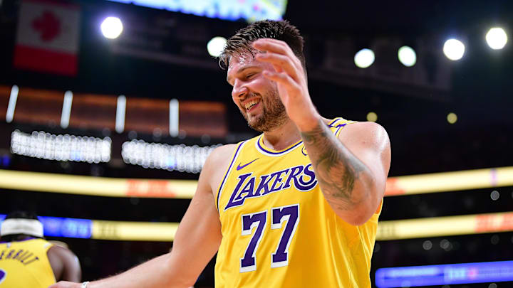 Luka Doncic reacts to another basket. 