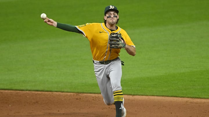 Jul 19, 2025; Cleveland, Ohio, USA; Athletics shortstop Jacob Wilson (5) throws to first base in the sixth inning against the Cleveland Guardians at Progressive Field. Mandatory Credit: David Richard-Imagn Images Jul 19, 2025; Cleveland, Ohio, USA; Athletics shortstop Jacob Wilson (5) throws to first base in the sixth inning against the Cleveland Guardians at Progressive Field. Mandatory Credit: David Richard-Imagn Images
