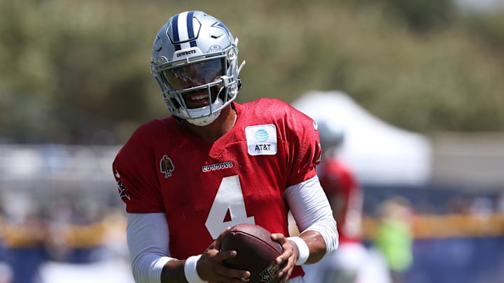 Dallas Cowboys quarterback Dak Prescott during training camp at the River Ridge Playing Fields in Oxnard, California.