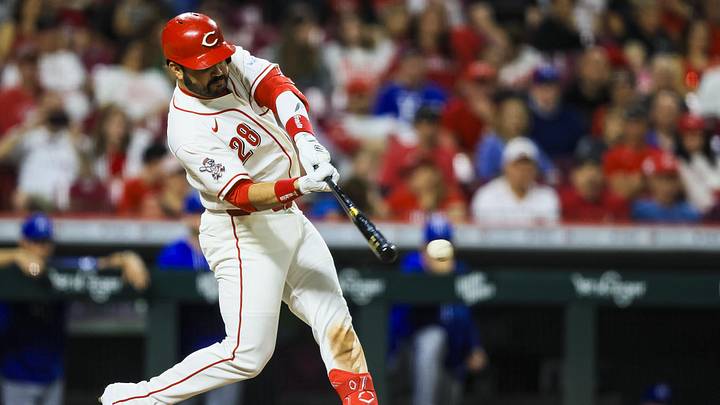 Jun 1, 2026; Cincinnati, Ohio, USA; Cincinnati Reds designated hitter Eugenio Suarez (28) hits a single in the eighth inning against the Kansas City Royals at Great American Ball Park. Mandatory Credit: Katie Stratman-Imagn Images