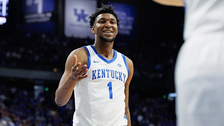 Mar 2, 2024; Lexington, Kentucky, USA; Kentucky Wildcats guard Justin Edwards (1) celebrates during the second half against the Arkansas Razorbacks at Rupp Arena at Central Bank Center. Mandatory Credit: Jordan Prather-USA TODAY Sports