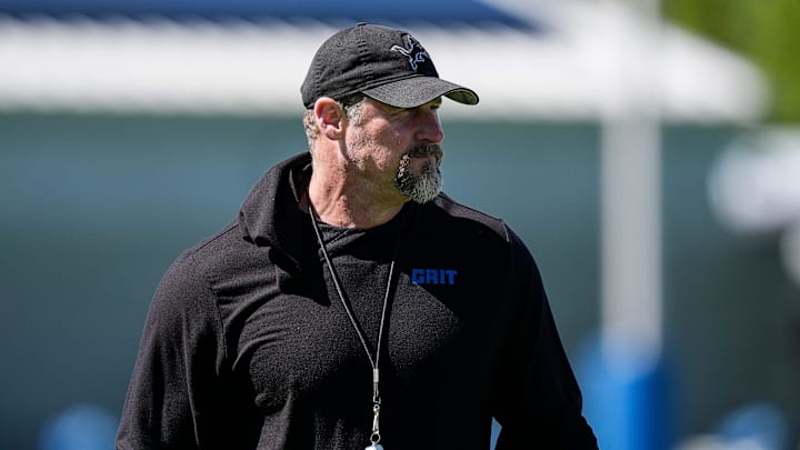 Detroit Lions head coach Dan Campbell watches practice during rookie mini camp at Meijer Performance Center in Allen Park on Friday, May 9, 2025.