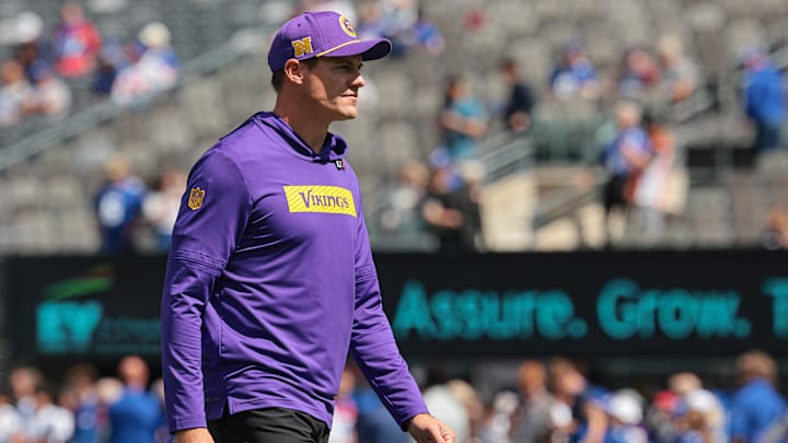 Sep 8, 2024; East Rutherford, New Jersey, USA; Minnesota Vikings head coach Kevin O'Connell looks on before the game against the New York Giants at MetLife Stadium. Sep 8, 2024; East Rutherford, New Jersey, USA; Minnesota Vikings head coach Kevin O'Connell looks on before the game against the New York Giants at MetLife Stadium.