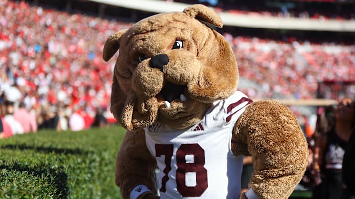 Mississippi State Bulldogs mascot Bully on the sideline before a game against the Georgia Bulldogs at Sanford Stadium.