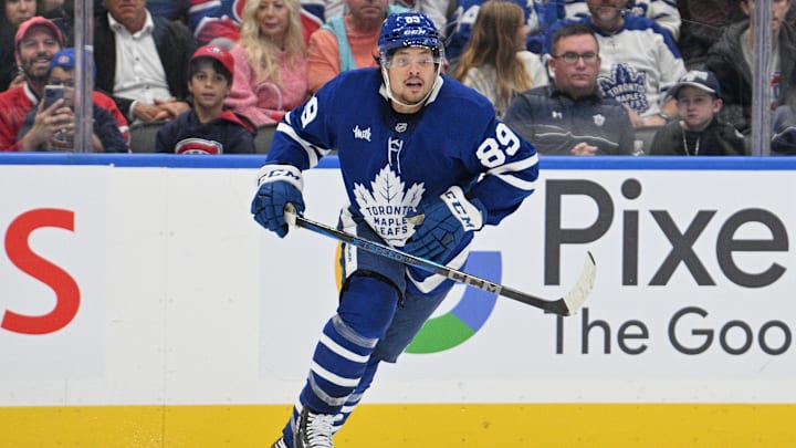 Sep 26, 2024; Toronto, Ontario, CAN;  Toronto Maple Leafs forward Nick Robertson (89) pursues the play against the Montreal Canadiens in the third period at Scotiabank Arena. Mandatory Credit: Dan Hamilton-Imagn Images