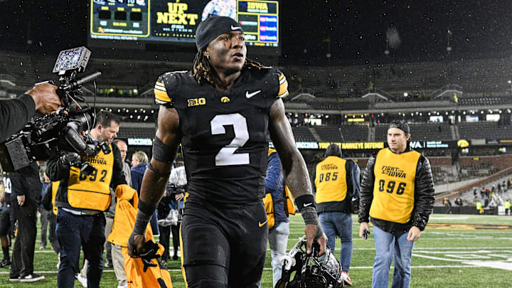 Nov 2, 2024; Iowa City, Iowa, USA; Iowa Hawkeyes running back Kaleb Johnson (2) walks off the field after the game against the Wisconsin Badgers at Kinnick Stadium.