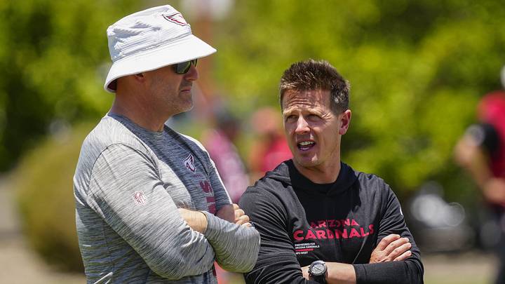 Cardinals general manager Monti Ossenfort (left) talks with head coach Mike LaFleur during organized team activities at the Cardinals Training Facility in Tempe on May 27, 2026. Cardinals general manager Monti Ossenfort (left) talks with head coach Mike LaFleur during organized team activities at the Cardinals Training Facility in Tempe on May 27, 2026.