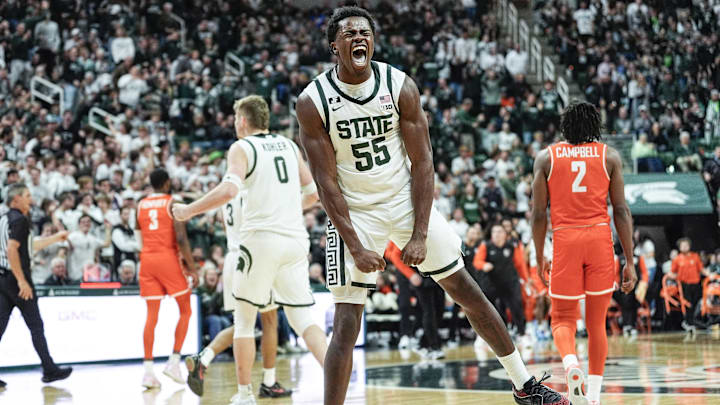 Nov 16, 2024; East Lansing, Michigan, USA; Michigan State Spartans forward Coen Carr (55) celebrates after a play against Bowling Green Falcons during the second half at Breslin Center. Mandatory Credit: Junfu Han/USA TODAY Network via Imagn Images