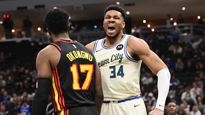 Mar 4, 2026; Milwaukee, Wisconsin, USA; Milwaukee Bucks forward Giannis Antetokounmpo (34) reacts after scoring a basket in the first quarter against the Atlanta Hawks at Fiserv Forum. Mandatory Credit: Benny Sieu-Imagn Images