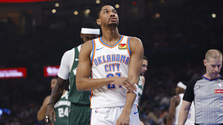 Feb 12, 2026; Oklahoma City, Oklahoma, USA; Oklahoma City Thunder guard Aaron Wiggins (21) looks at the scoreboard after a play against the Milwaukee Bucks during the first half at Paycom Center. Mandatory Credit: Alonzo Adams-Imagn Images Feb 12, 2026; Oklahoma City, Oklahoma, USA; Oklahoma City Thunder guard Aaron Wiggins (21) looks at the scoreboard after a play against the Milwaukee Bucks during the first half at Paycom Center. Mandatory Credit: Alonzo Adams-Imagn Images