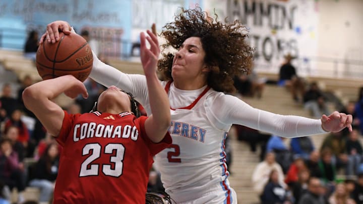 Monterey's Aaliyah Chavez blocks a shot by Coronado's Kamryn Hill in a District 3-5A girls basketball game Tuesday, Jan. 7, 2025, at Monterey High School. Monterey's Aaliyah Chavez blocks a shot by Coronado's Kamryn Hill in a District 3-5A girls basketball game Tuesday, Jan. 7, 2025, at Monterey High School.