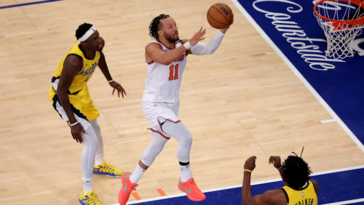 May 29, 2025; New York, New York, USA; New York Knicks guard Jalen Brunson (11) drives to the basket against Indiana Pacers forward Pascal Siakam (43) and forward Jarace Walker (5) during the second quarter of game five of the eastern conference finals during the 2025 NBA Playoffs at Madison Square Garden. Mandatory Credit: Brad Penner-Imagn Images May 29, 2025; New York, New York, USA; New York Knicks guard Jalen Brunson (11) drives to the basket against Indiana Pacers forward Pascal Siakam (43) and forward Jarace Walker (5) during the second quarter of game five of the eastern conference finals during the 2025 NBA Playoffs at Madison Square Garden. Mandatory Credit: Brad Penner-Imagn Images