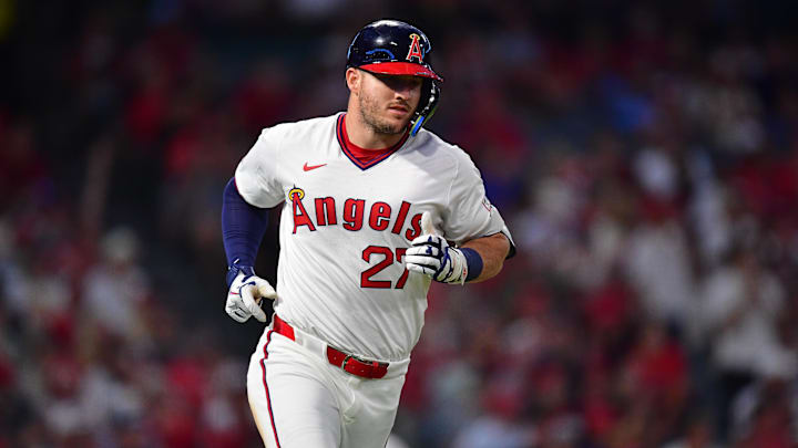 Jul 7, 2025; Anaheim, California, USA; Los Angeles Angels designated hitter Mike Trout (27) runs after hitting a single against the Texas Rangers during the fifth inning at Angel Stadium. Mandatory Credit: Gary A. Vasquez-Imagn Images Jul 7, 2025; Anaheim, California, USA; Los Angeles Angels designated hitter Mike Trout (27) runs after hitting a single against the Texas Rangers during the fifth inning at Angel Stadium. Mandatory Credit: Gary A. Vasquez-Imagn Images