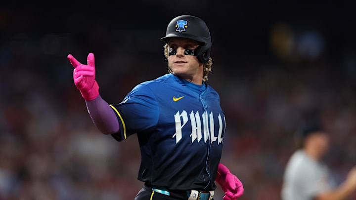 Aug 1, 2025; Philadelphia, Pennsylvania, USA; Philadelphia Phillies outfielder Harrison Bader (2) reacts after drawing a walk during the seventh inning against the Detroit Tigers at Citizens Bank Park. Mandatory Credit: Bill Streicher-Imagn Images