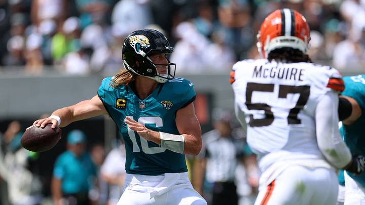 Sep 13, 2026; Jacksonville, Florida, USA; Jacksonville Jaguars quarterback Trevor Lawrence (16) looks to pass as Cleveland Browns defensive end Isaiah McGuire (57) defends in the second quarter at EverBank Stadium. Mandatory Credit: Nathan Ray Seebeck-Imagn Images Sep 13, 2026; Jacksonville, Florida, USA; Jacksonville Jaguars quarterback Trevor Lawrence (16) looks to pass as Cleveland Browns defensive end Isaiah McGuire (57) defends in the second quarter at EverBank Stadium. Mandatory Credit: Nathan Ray Seebeck-Imagn Images