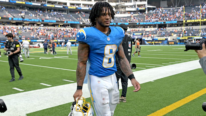 Sep 21, 2025; Inglewood, California, USA; Los Angeles Chargers running back Omarion Hampton (8) leaves the field after defeating the Denver Broncos 23-20 at SoFi Stadium. Mandatory Credit: Jayne Kamin-Oncea-Imagn Images Sep 21, 2025; Inglewood, California, USA; Los Angeles Chargers running back Omarion Hampton (8) leaves the field after defeating the Denver Broncos 23-20 at SoFi Stadium. Mandatory Credit: Jayne Kamin-Oncea-Imagn Images
