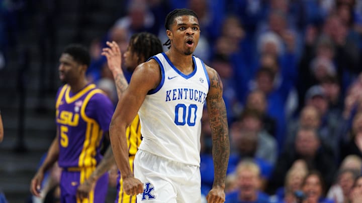 Mar 4, 2025; Lexington, Kentucky, USA; Kentucky Wildcats guard Otega Oweh (00) reacts after scoring a basket during the first half against the LSU Tigers at Rupp Arena at Central Bank Center. Mandatory Credit: Jordan Prather-Imagn Images