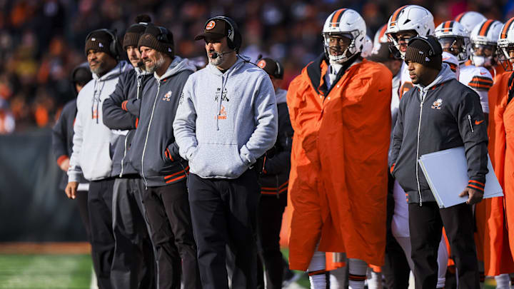 Dec 22, 2024; Cincinnati, Ohio, USA; Cleveland Browns head coach Kevin Stefanski during the second half against the Cincinnati Bengals at Paycor Stadium. Mandatory Credit: Katie Stratman-Imagn Images