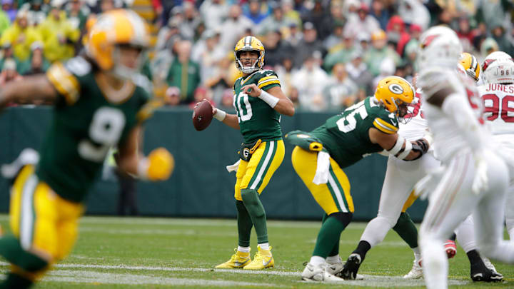 Green Bay Packers quarterback Jordan Love gets ready to go deep to Christian Watson for a touchdown last week. Green Bay Packers quarterback Jordan Love gets ready to go deep to Christian Watson for a touchdown last week.