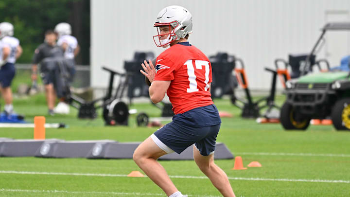 Jun 9, 2025; Foxborough, MA, USA; New England Patriots quarterback Ben Wooldridge (17) throws a pass during minicamp at Gillette Stadium.