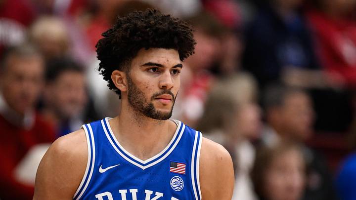 Jan 17, 2026; Stanford, California, USA; Duke Blue Devils forward Cameron Boozer (12) looks on against the Stanford Cardinal in the first half at Maples Pavilion.