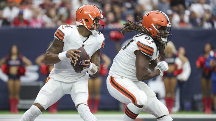 Dec 4, 2022; Houston, Texas, USA; Cleveland Browns quarterback Deshaun Watson (4) drops back with
