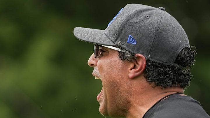 New Kentucky offensive coordinator Bush Hamdan coaches during practice Friday. August 2, 2024 in Lexington. Hamdan came from Boise State; he's also coached at Missouri, the Atlanta Falcons and Florida as well.