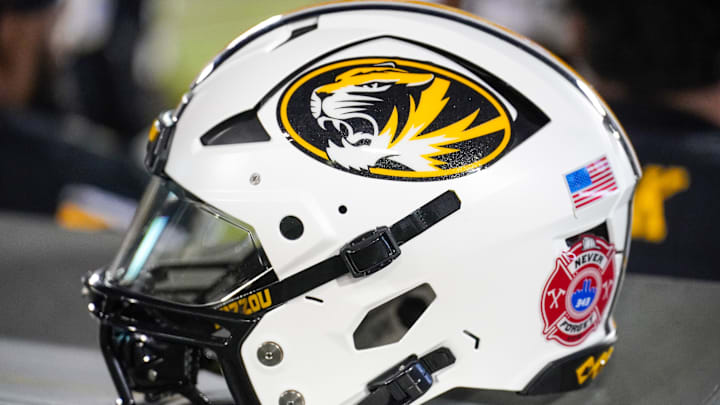 Sep 9, 2023; Columbia, Missouri, USA; A general view of a Missouri Tigers helmet against the Middle Tennessee Blue Raiders during the second half at Faurot Field at Memorial Stadium. Mandatory Credit: Denny Medley-Imagn Images