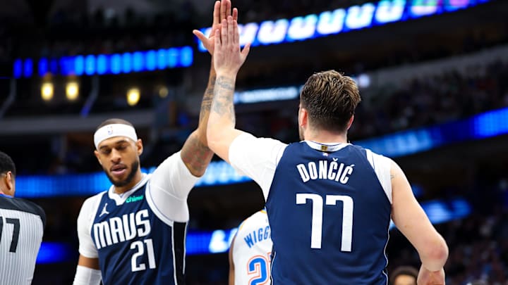 Feb 10, 2024; Dallas, Texas, USA; Dallas Mavericks guard Luka Doncic (77) celebrates with Dallas Mavericks center Daniel Gafford (21) during the second half against the Oklahoma City Thunder at American Airlines Center. Mandatory Credit: Kevin Jairaj-Imagn Images Feb 10, 2024; Dallas, Texas, USA; Dallas Mavericks guard Luka Doncic (77) celebrates with Dallas Mavericks center Daniel Gafford (21) during the second half against the Oklahoma City Thunder at American Airlines Center. Mandatory Credit: Kevin Jairaj-Imagn Images