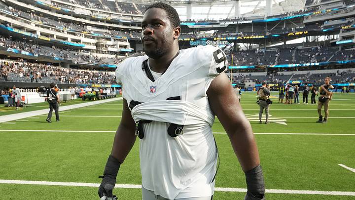 Sep 20, 2026; Inglewood, California, USA;  Las Vegas Raiders defensive tackle Folorunso Fatukasi (94) walks off the field after the game against the Los Angeles Chargers at SoFi Stadium.  Mandatory Credit: Kirby Lee-Imagn Images