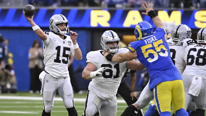Oct 20, 2024; Inglewood, California, USA; Las Vegas Raiders quarterback Gardner Minshew (15) passes the ball against the Los Angeles Rams the second half at SoFi Stadium. Mandatory Credit: Alex Gallardo-Imagn Images Oct 20, 2024; Inglewood, California, USA; Las Vegas Raiders quarterback Gardner Minshew (15) passes the ball against the Los Angeles Rams the second half at SoFi Stadium. Mandatory Credit: Alex Gallardo-Imagn Images