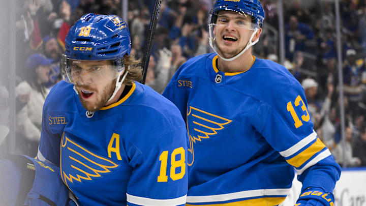 Jan 3, 2026; St. Louis, Missouri, USA; St. Louis Blues center Robert Thomas (18) reacts after scoring a shorthanded goal against the Montreal Canadiens during the second period at Enterprise Center. Mandatory Credit: Jeff Curry-Imagn Images Jan 3, 2026; St. Louis, Missouri, USA; St. Louis Blues center Robert Thomas (18) reacts after scoring a shorthanded goal against the Montreal Canadiens during the second period at Enterprise Center. Mandatory Credit: Jeff Curry-Imagn Images