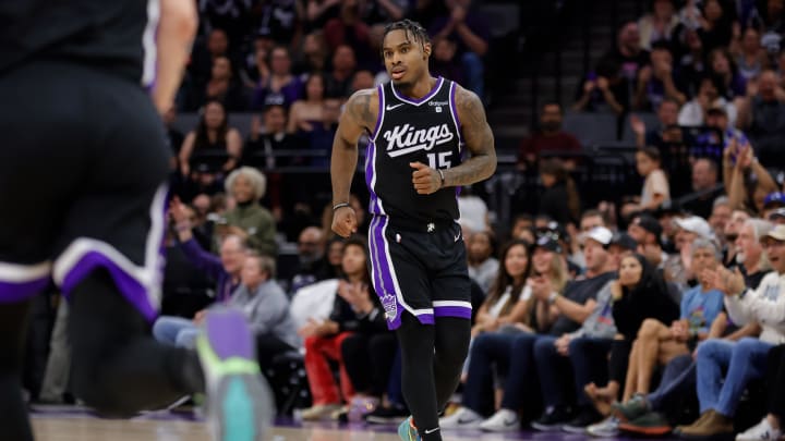 Apr 2, 2024; Sacramento, California, USA; Sacramento Kings guard Davion Mitchell (15) reacts after making a basket during the second quarter against the LA Clippers at Golden 1 Center. Mandatory Credit: Sergio Estrada-USA TODAY Sports Apr 2, 2024; Sacramento, California, USA; Sacramento Kings guard Davion Mitchell (15) reacts after making a basket during the second quarter against the LA Clippers at Golden 1 Center. Mandatory Credit: Sergio Estrada-USA TODAY Sports