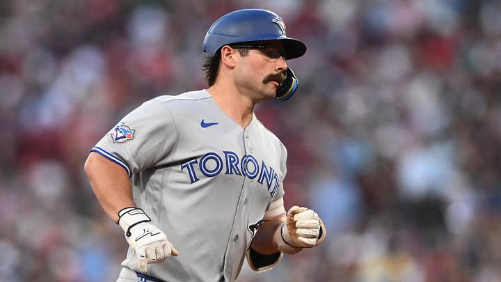 Jun 16, 2026; Boston, Massachusetts, USA; Toronto Blue Jays left fielder Davis Schneider (36) runs the bases after hitting a solo home run against the Boston Red Sox during the fifth inning at Fenway Park. 